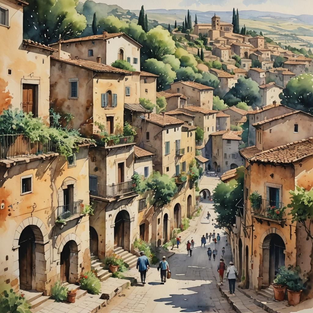 Watercolor Painting of Grand Tour Italian Town