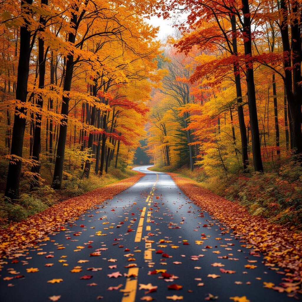 Vibrant Autumn Road in Woods with Bokeh Effect