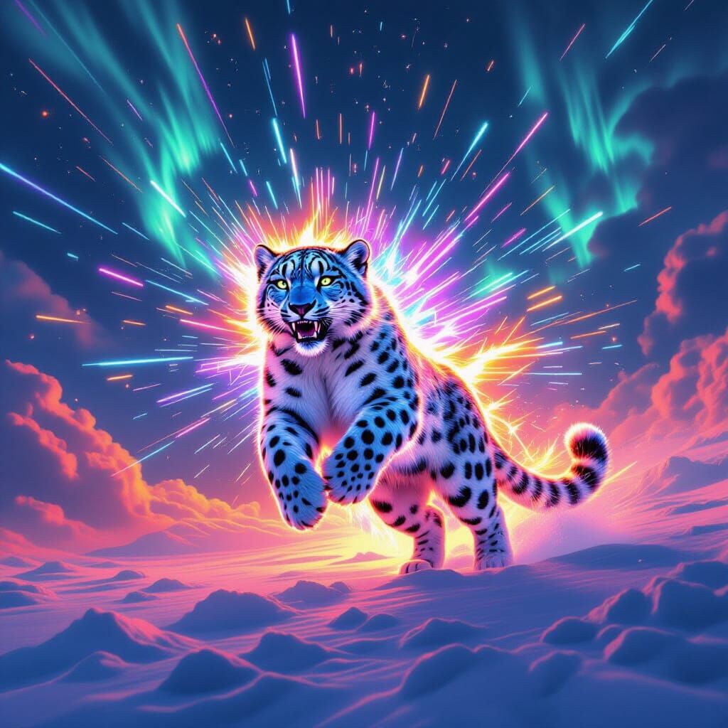 Neon Snow Leopard Leaps in Psychedelic Aurora Storm