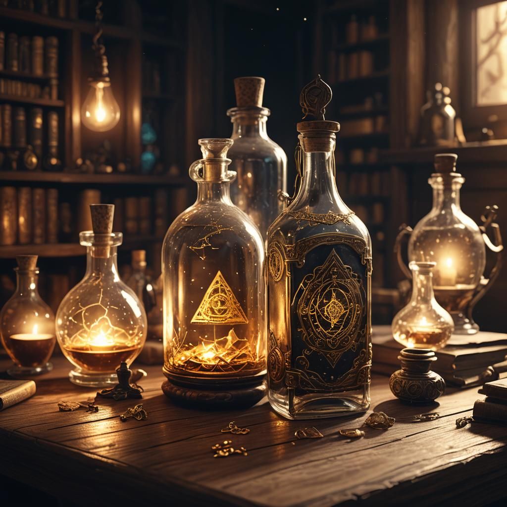 Glowing Alchemy Bottle in Mystical Steampunk Setting