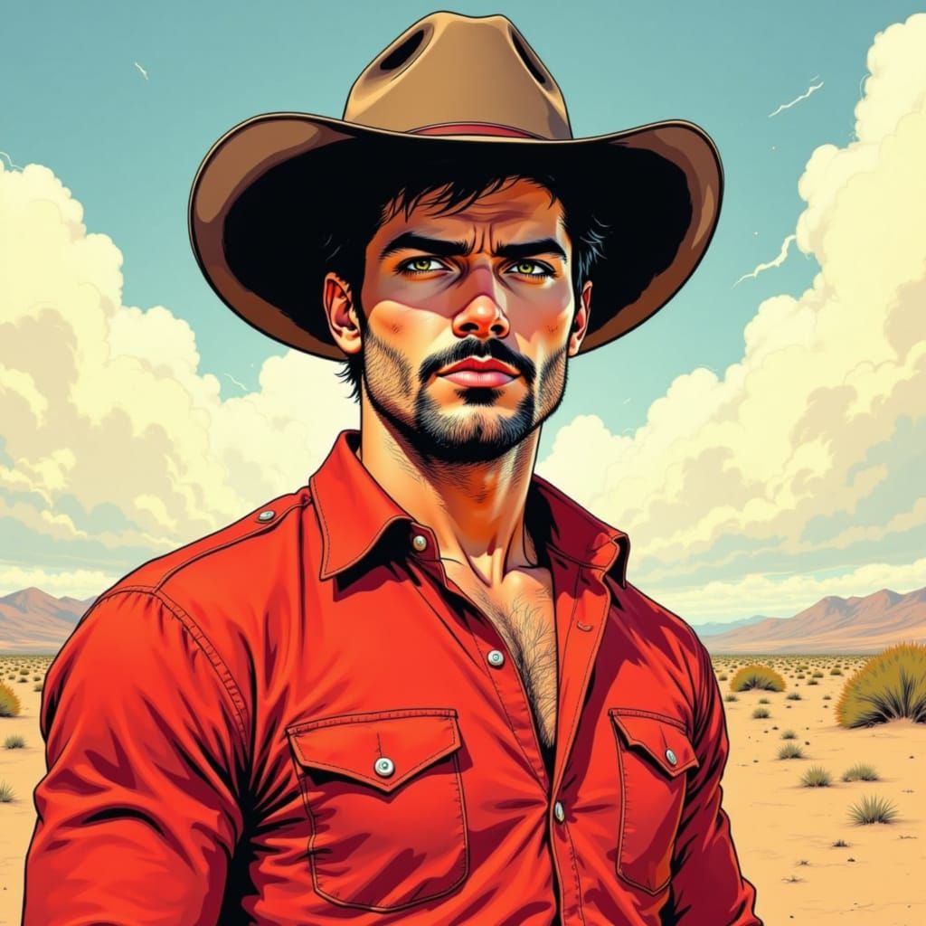Comic Book Cowboy in Kirby Style Desert Portrait