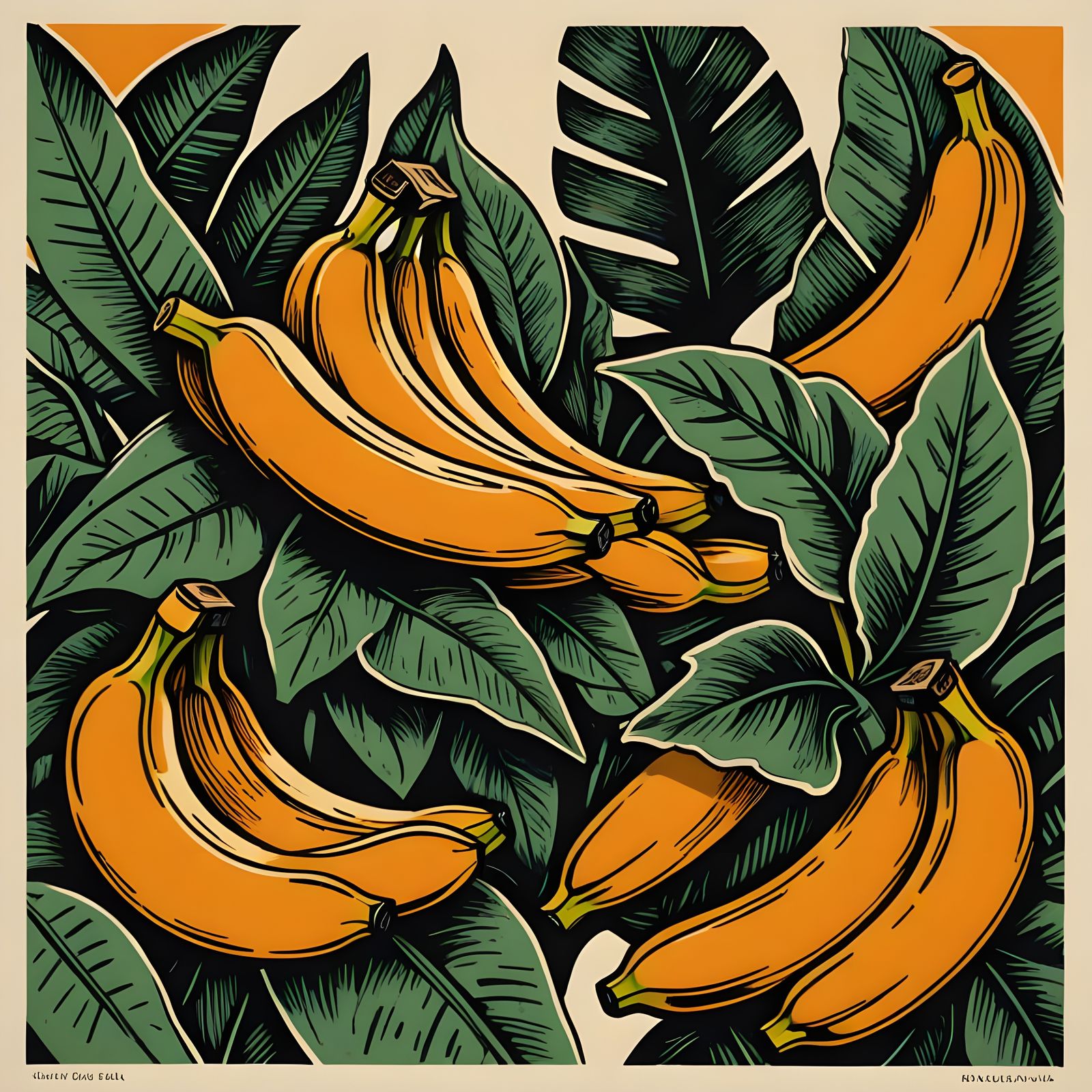 Vintage-Style Linocut Illustration of Bananas in Warm Earthy...