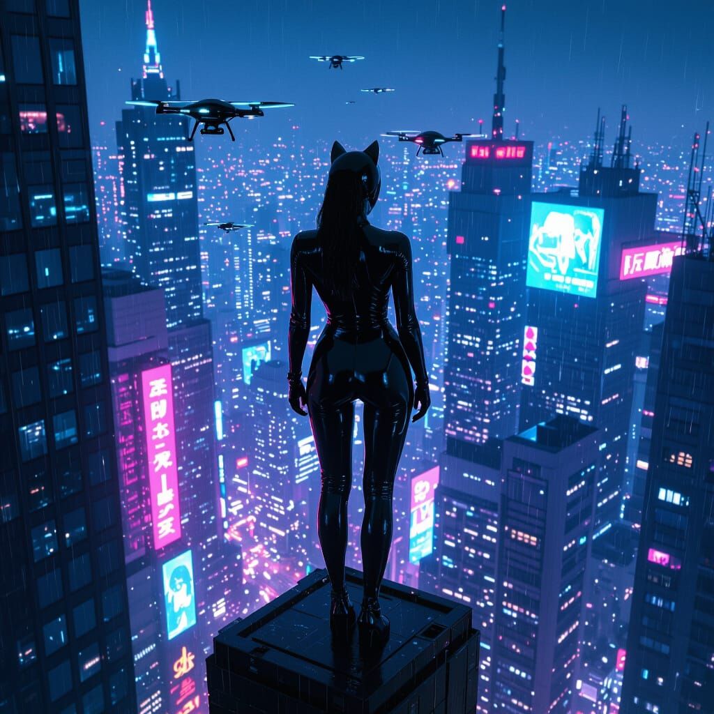 Cyberpunk Cityscape with Mysterious Figure in Neon Glow