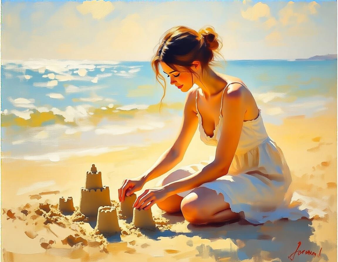 Serene Beach Scene in Impressionist Oil Painting Style