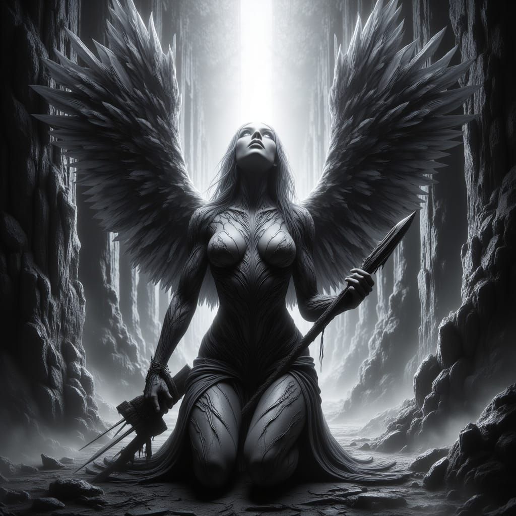 Valkyrie Kneeling with Fallen Soldier in Grayscale Relief