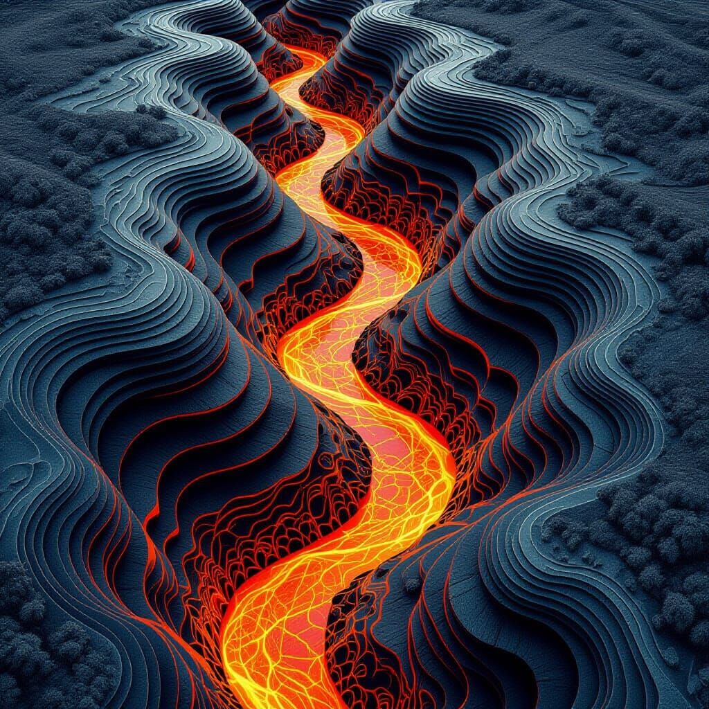 Molten Lava River in Igneous Rock Valley