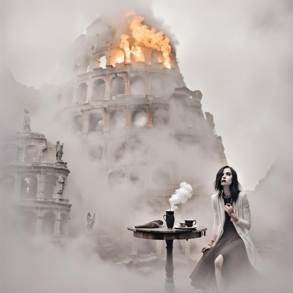 Goth Model in Collapsing Colosseum Coffee Shop