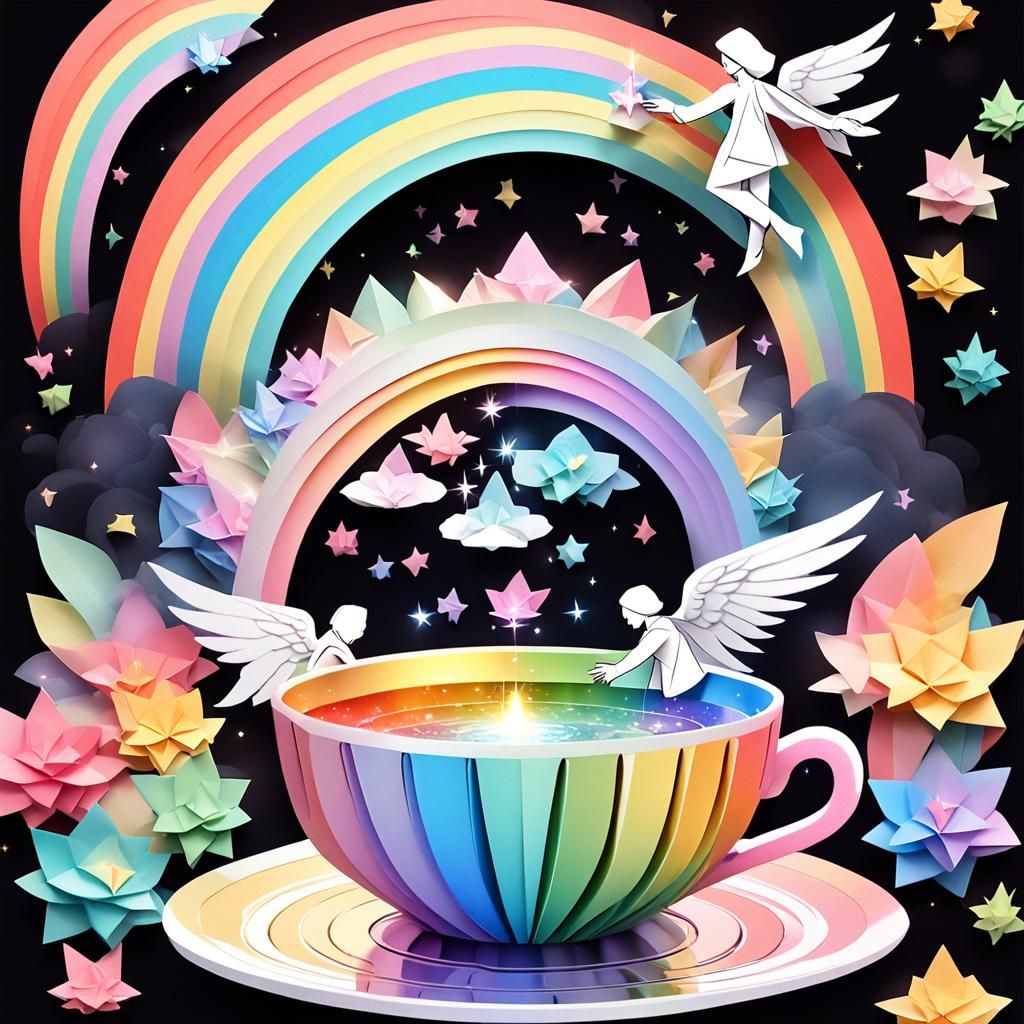 Whimsical Angel in Teacup with Rainbow