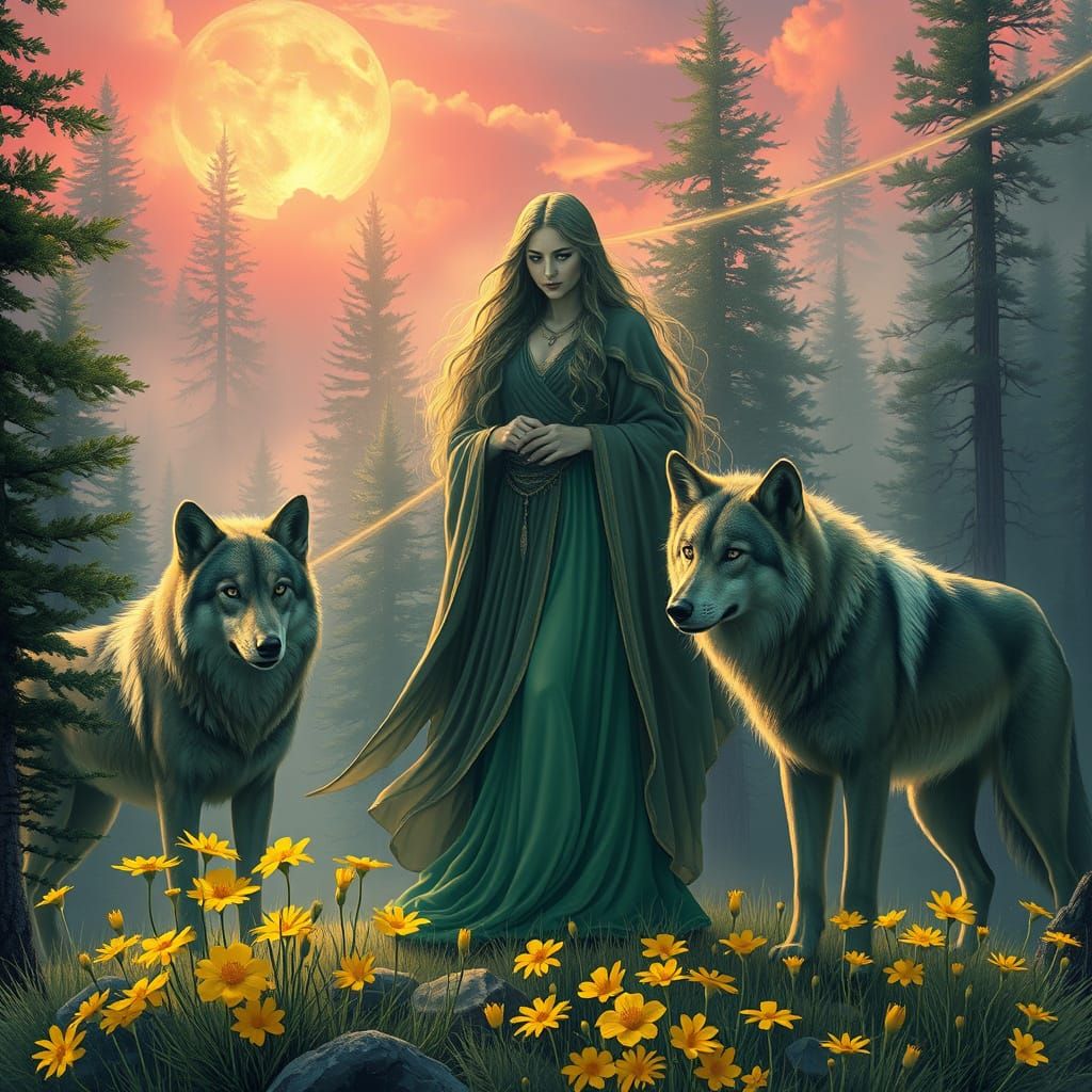 Ethereal Forest Goddess with Wolves in Fantasy Style