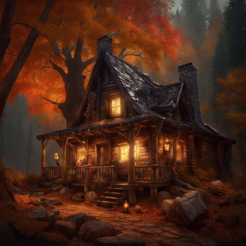 Cozy Cabin in Autumn Woods: Digital Illustration
