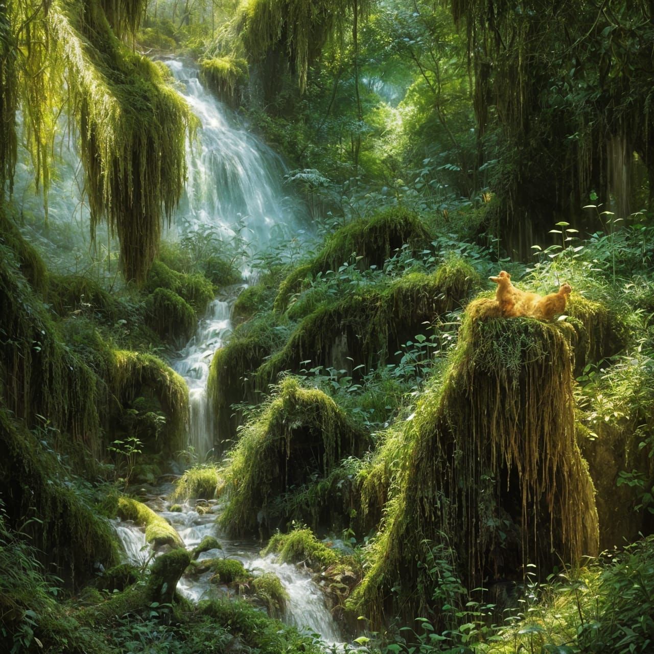 Lush Waterfall Cliffside in Biopunk Style