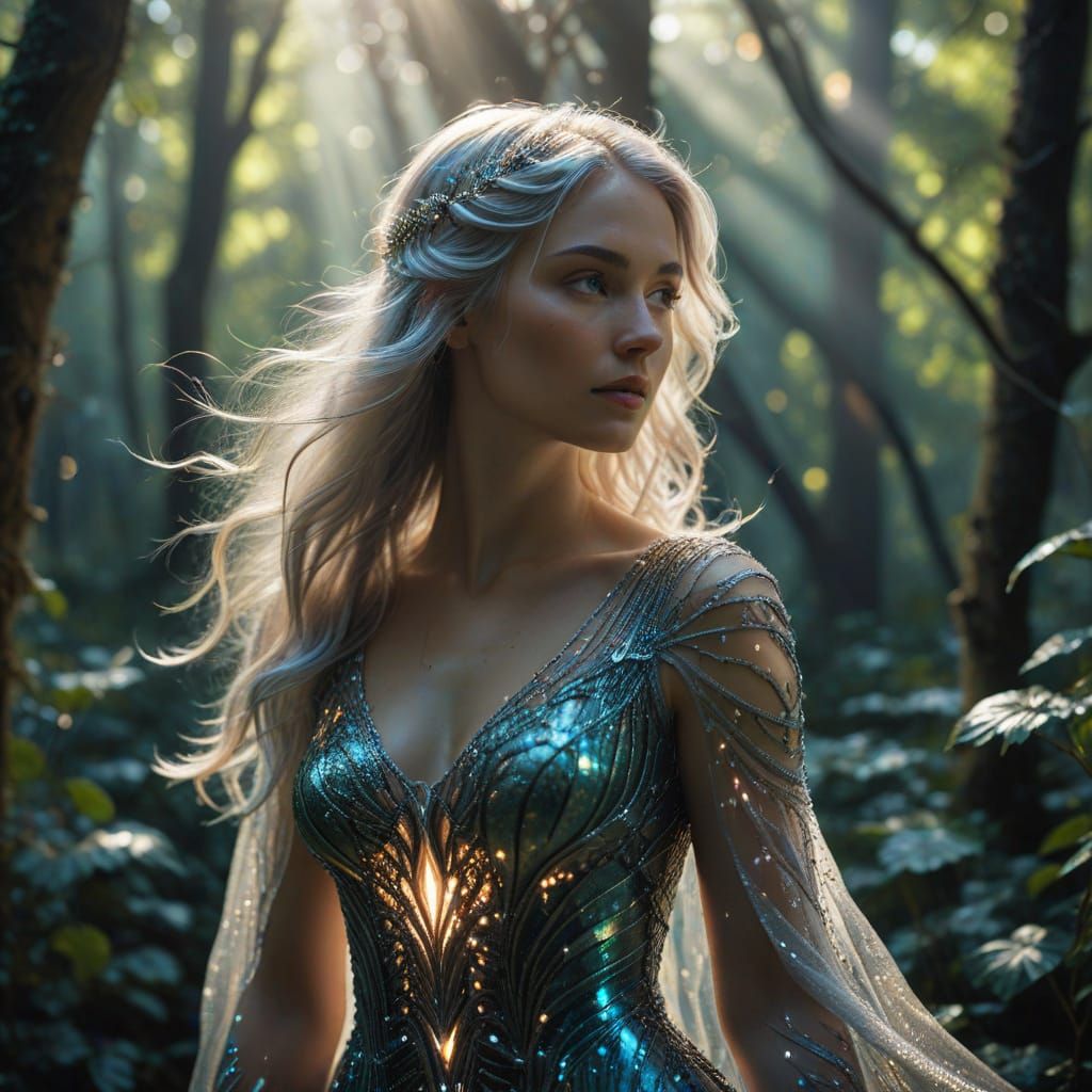 Ethereal Woman in Luminous Bio-Luminescent Forest