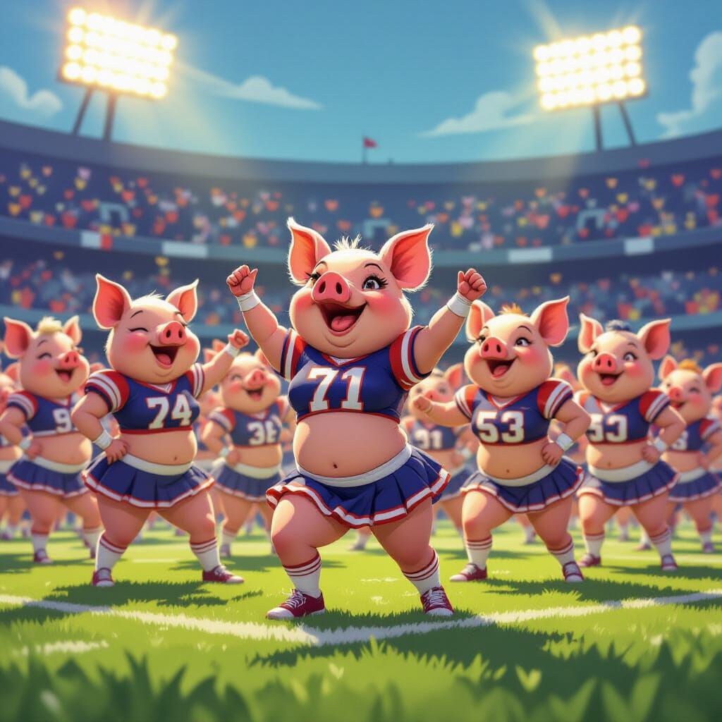 Pigs as Cheerleaders at Football Game in Cartoon Style