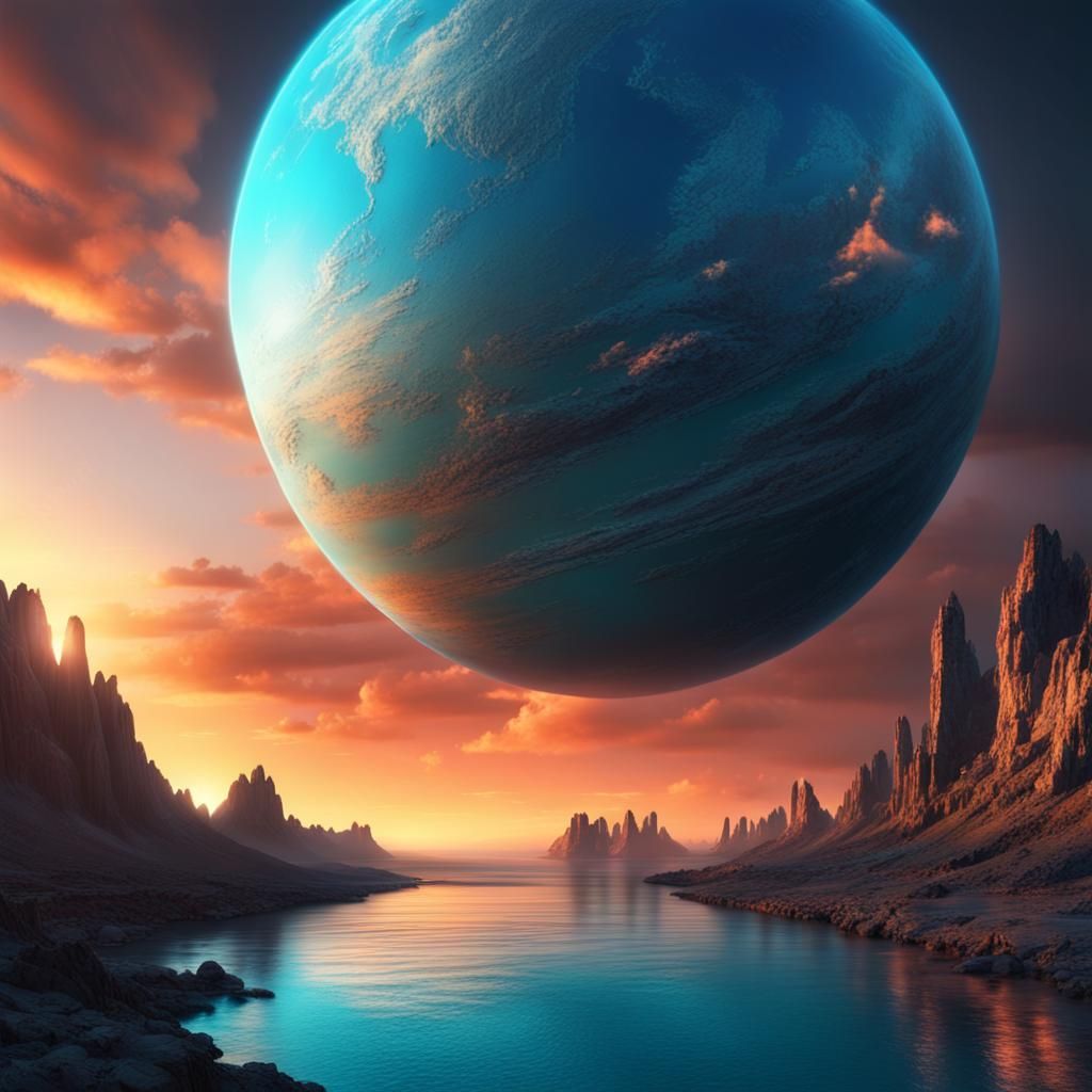 Alien Planet with Glowing Water at Sunset