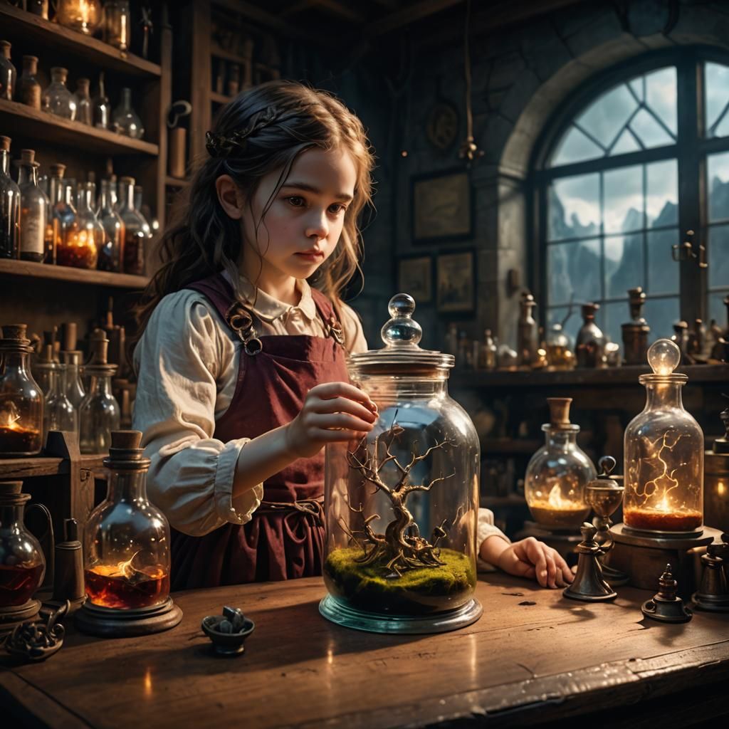Girl Trapped in Jar in Alchemist's Laboratory