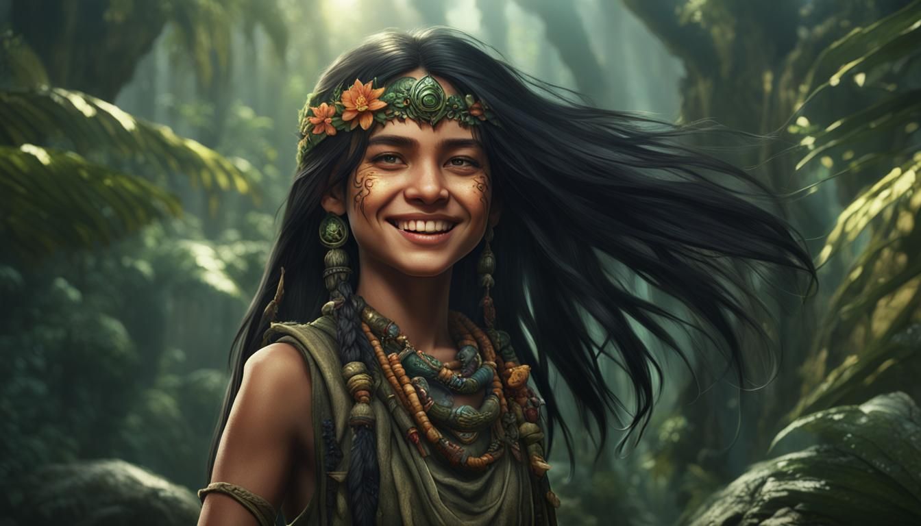 Smiling Jungle Girl in Detailed Matte Painting