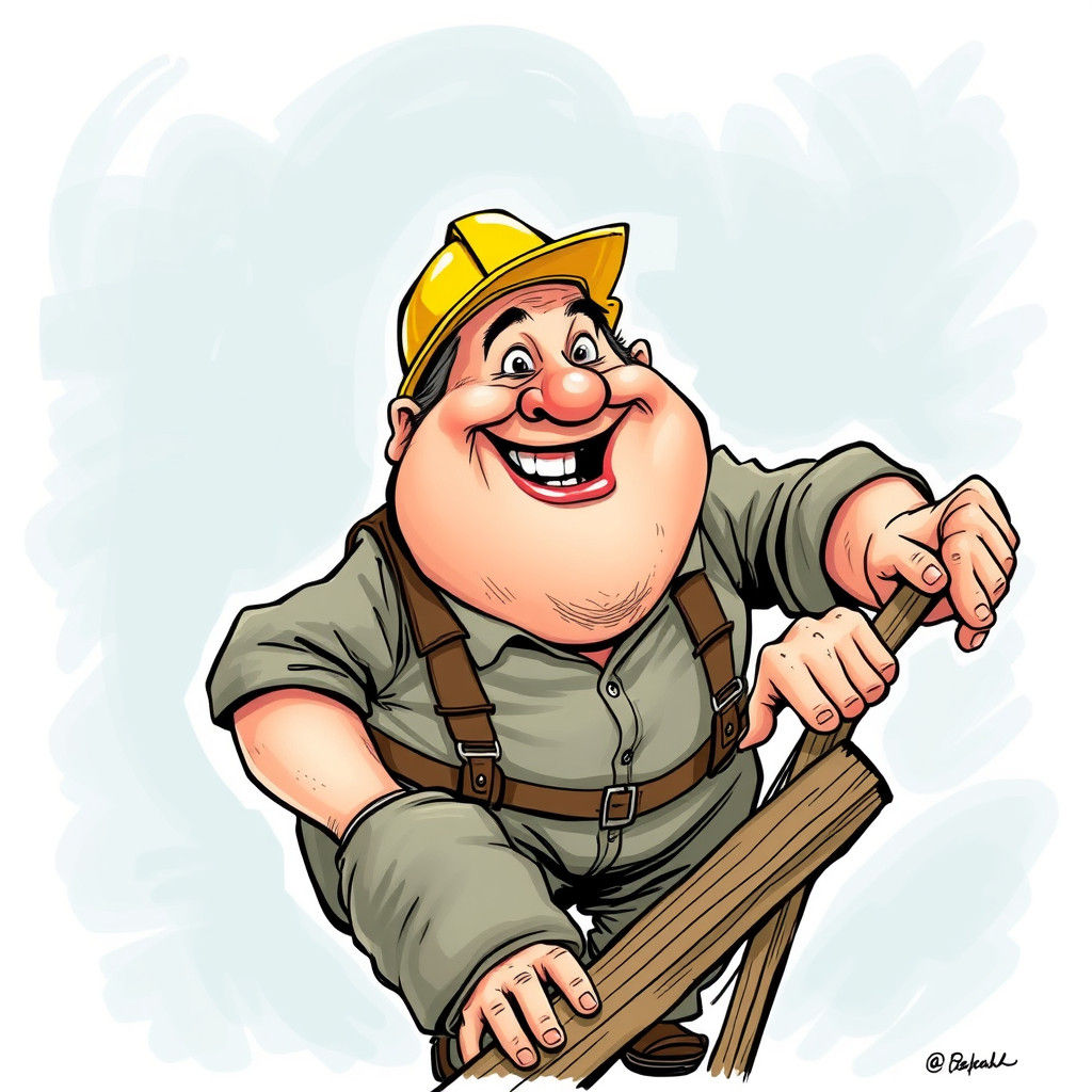 Comical Caricature: Rotund Man Climbing Scaffolding