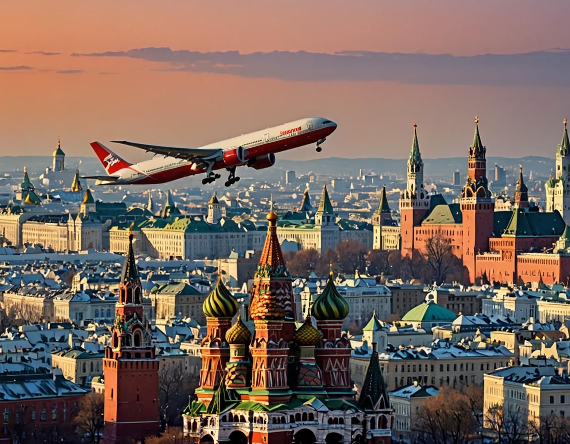 Boeing 777 Descends Over Red Square at Sunset