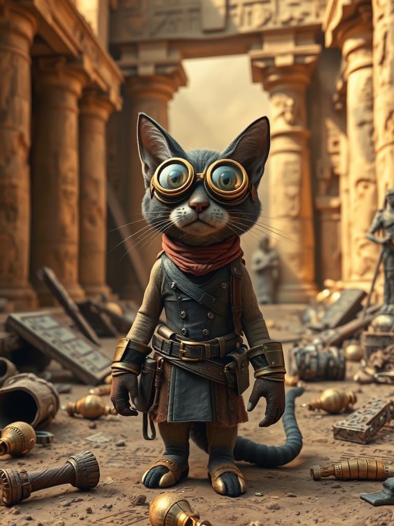 Steampunk Cat Adventurer in Claymation Ruins