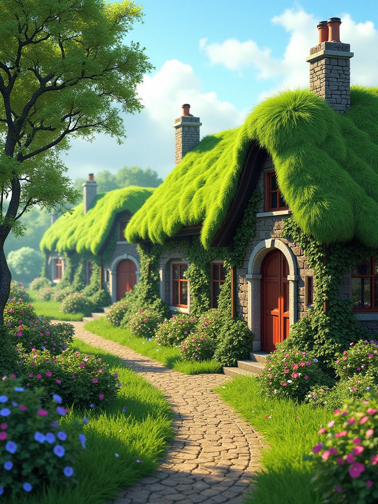Whimsical Irish Cottages in Emerald Landscape, Fantasy Conce...