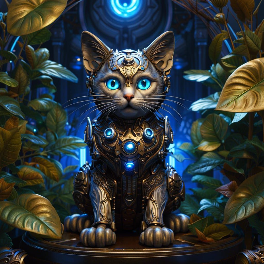 Steampunk Robot Kitten Covered in Leaves