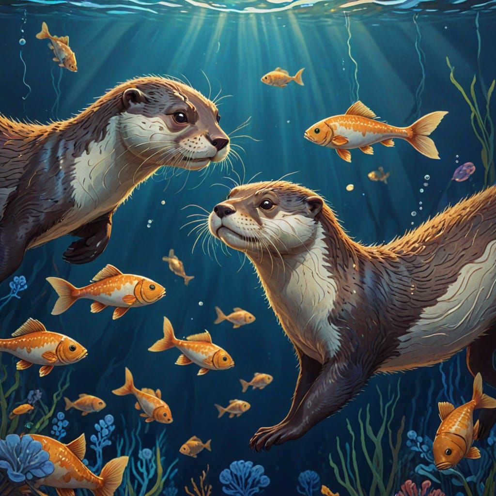 Vibrant Underwater Otter and Fish Illustration in Expressive...
