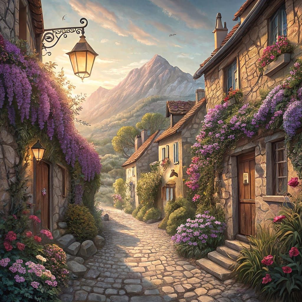 Enchanting French Village Street with Mountain View