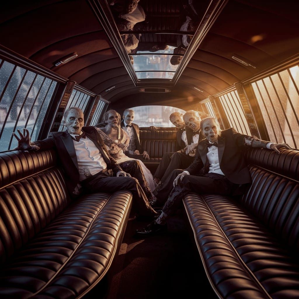 Zombies Escape Vintage Limousine in Tim Burton Style