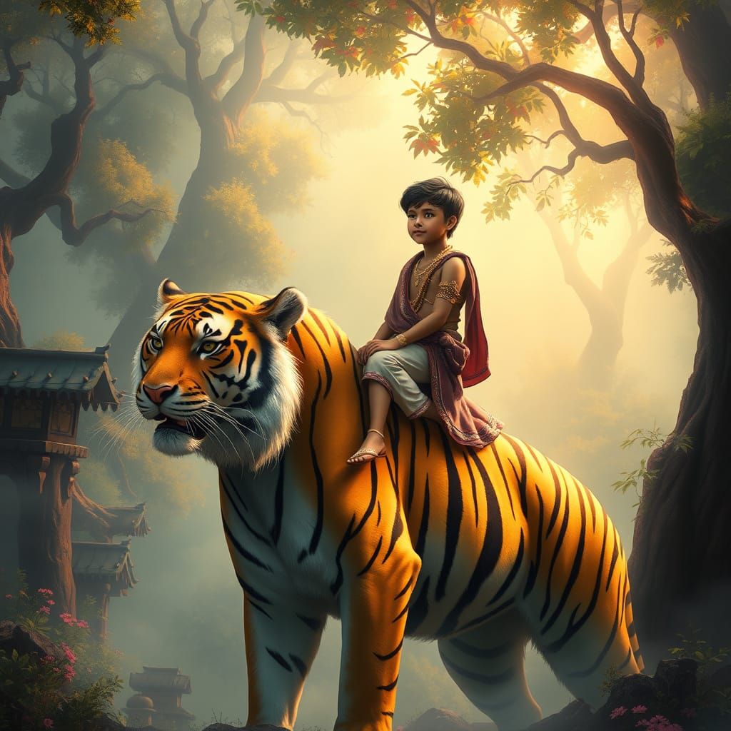 Whimsical Lord Ayyappa on a Tiger in a Vibrant Forest