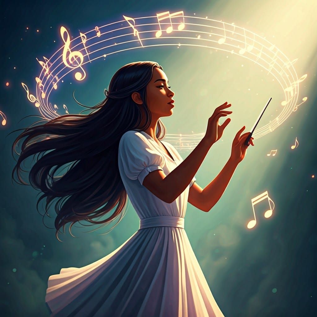 Woman Conducts Orchestra of Musical Notes