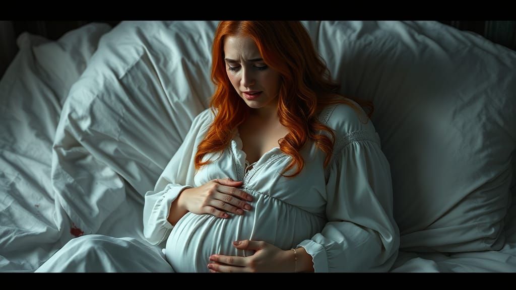 Medieval Woman in Labor in a Fantastical Dawn