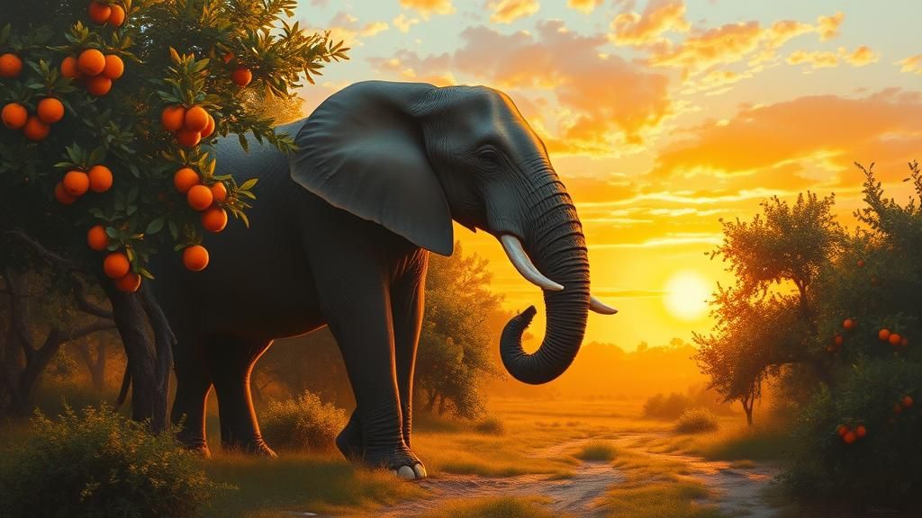 Elephant in Orange Grove: Oil Painting in Gurney Style