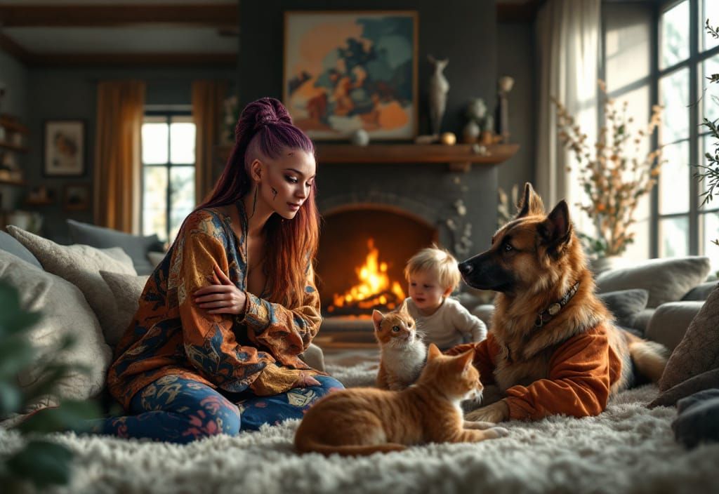 Alien Family and Pets in a Fancy Home