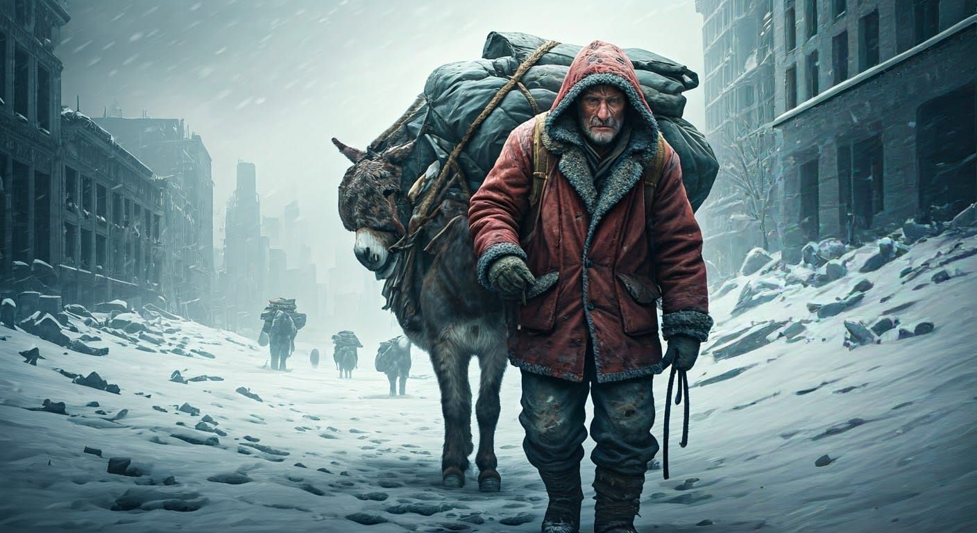 Post-Apocalyptic Homeless Man Leads Donkey Through Nuclear W...