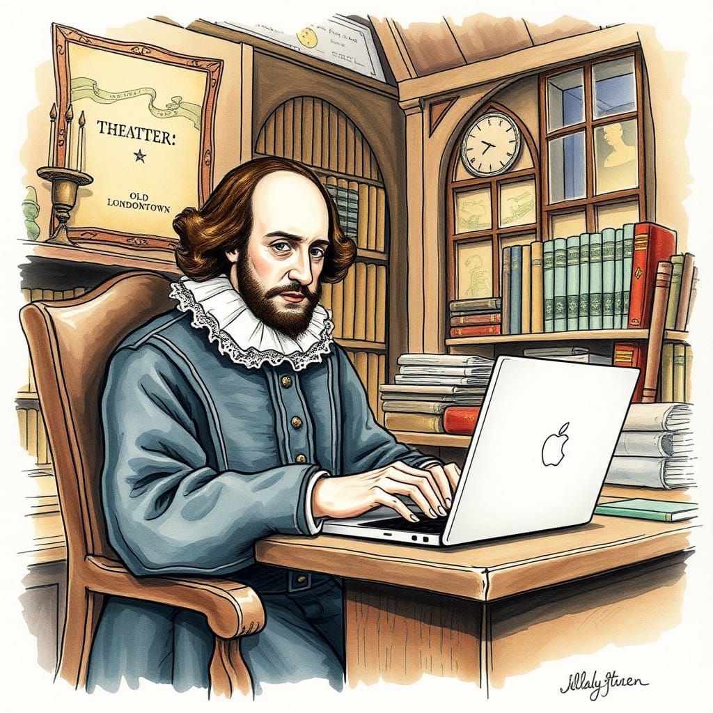 Shakespeare in Office with Laptop, Watercolor and Ink