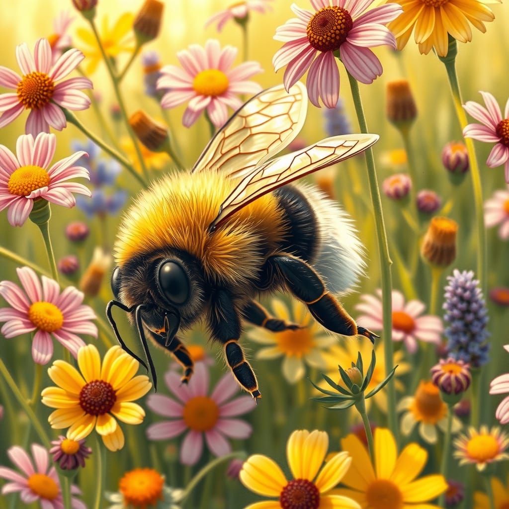 Sleepy Bumblebee in Sunny Meadow, Illustration