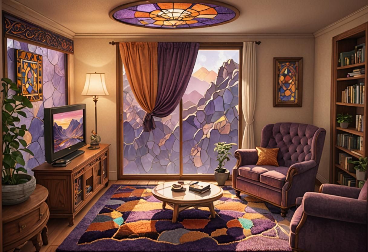 Cozy 90s Living Room with Stained Glass Details