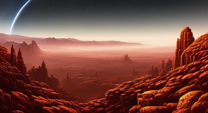 Martian Cityscape Under Cosmic Sky