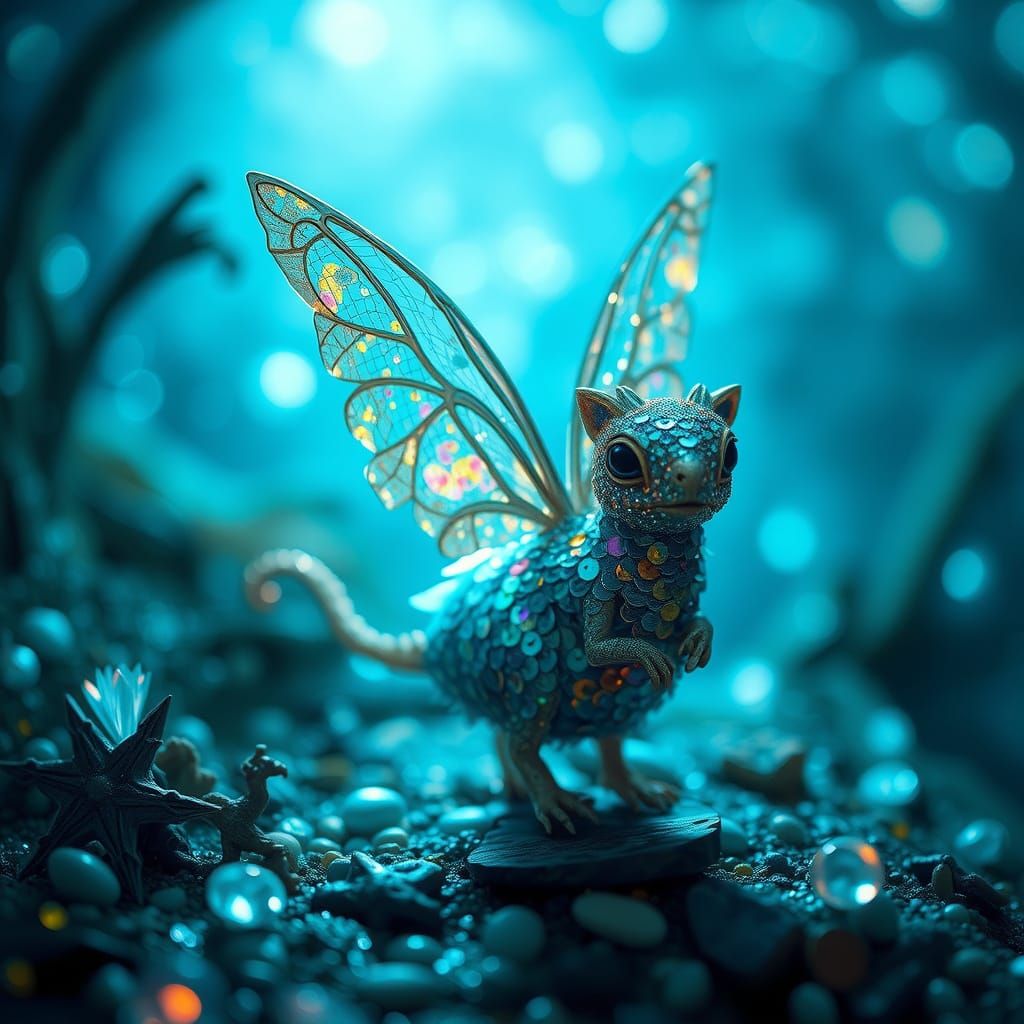 Whimsical Iridescent Creature in Dreamlike Wonderland