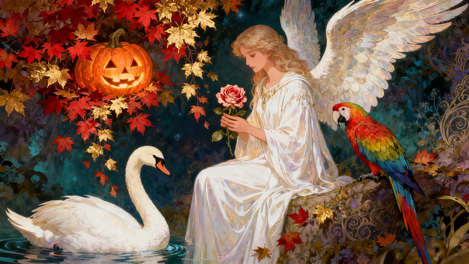 Angel with Rose, Swan, and Parrot in Autumn Fantasy
