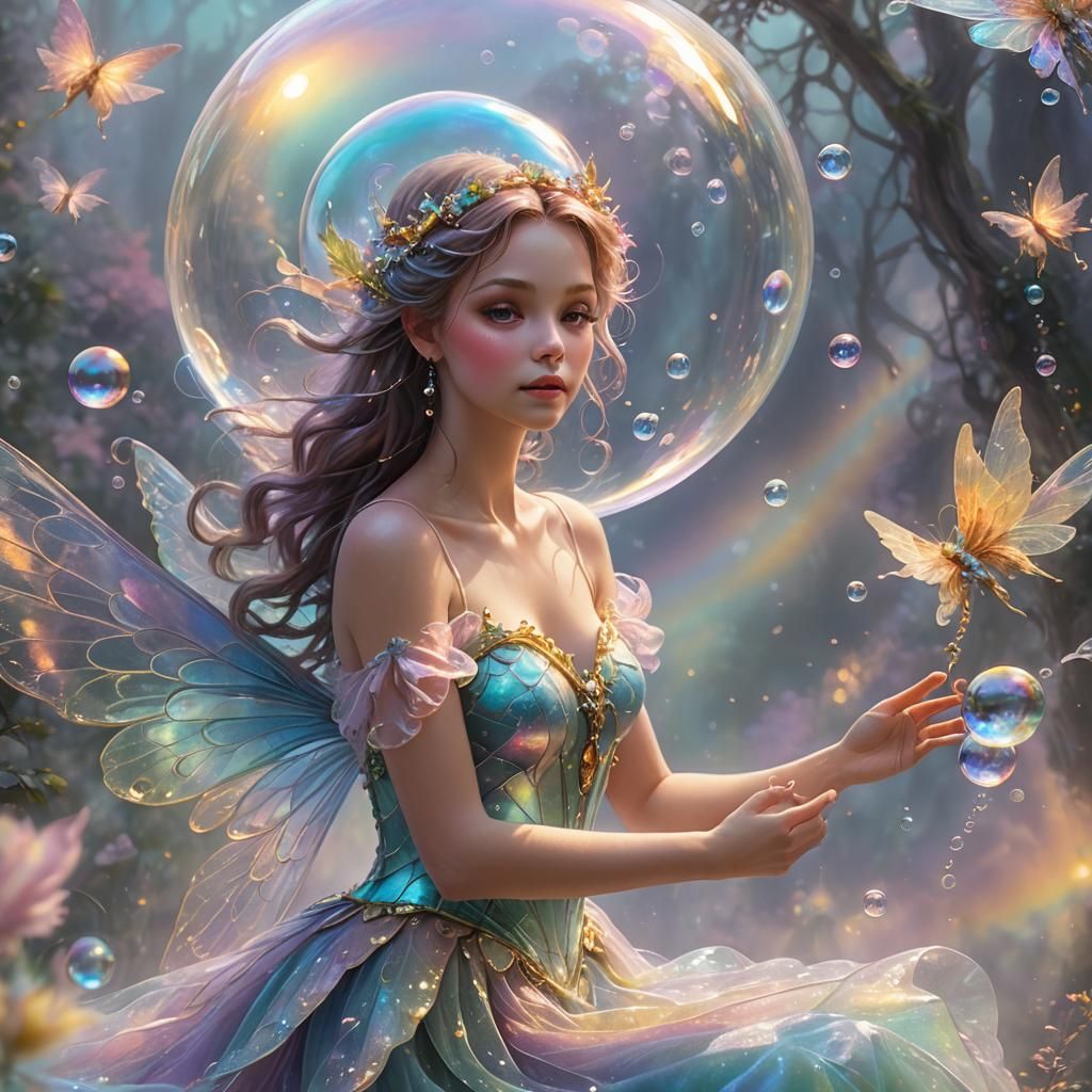 Iridescent Bubble Fairy in Ethereal Dreamscape Art
