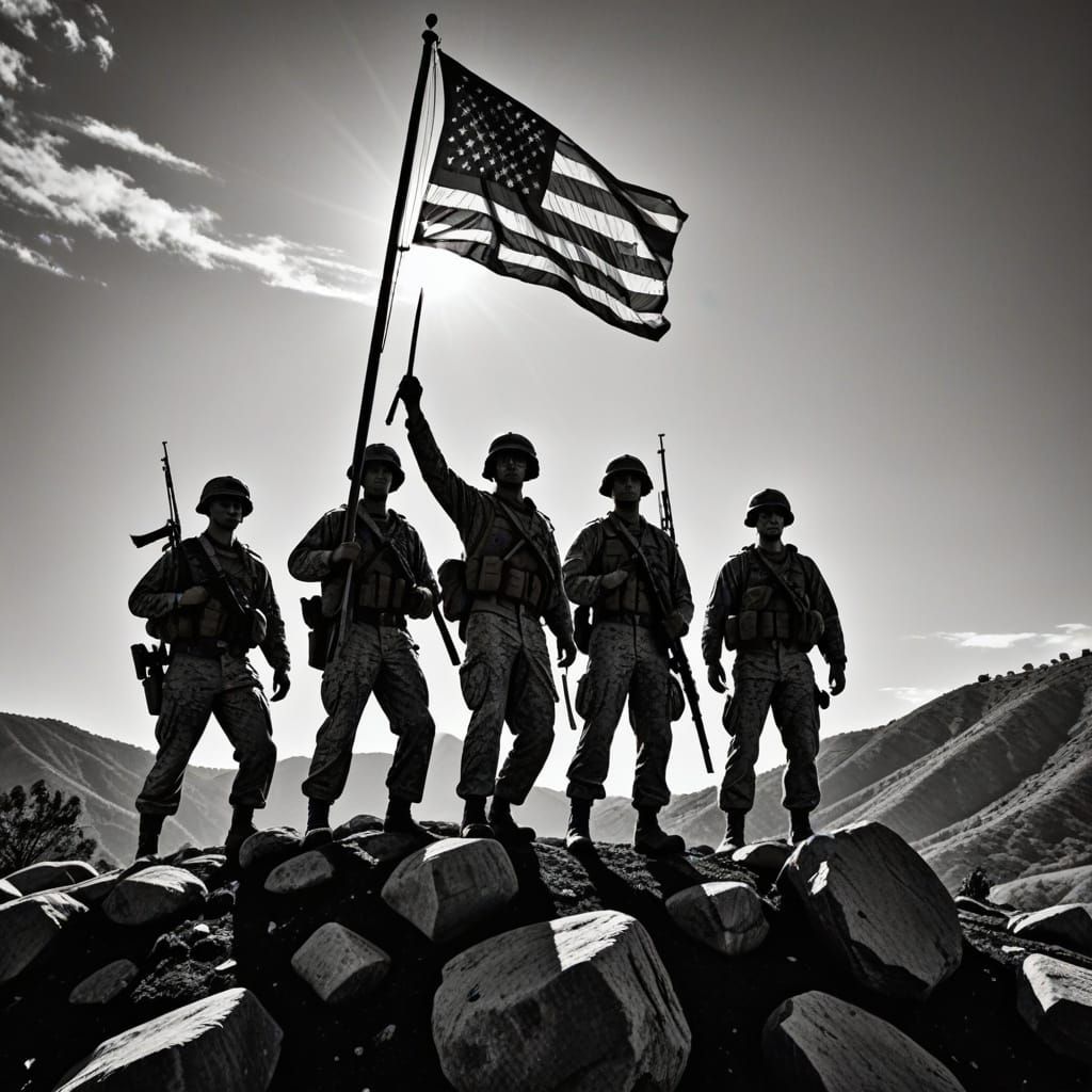 Raising the Flag on Iwo Jima in High-Contrast Black and Whit...