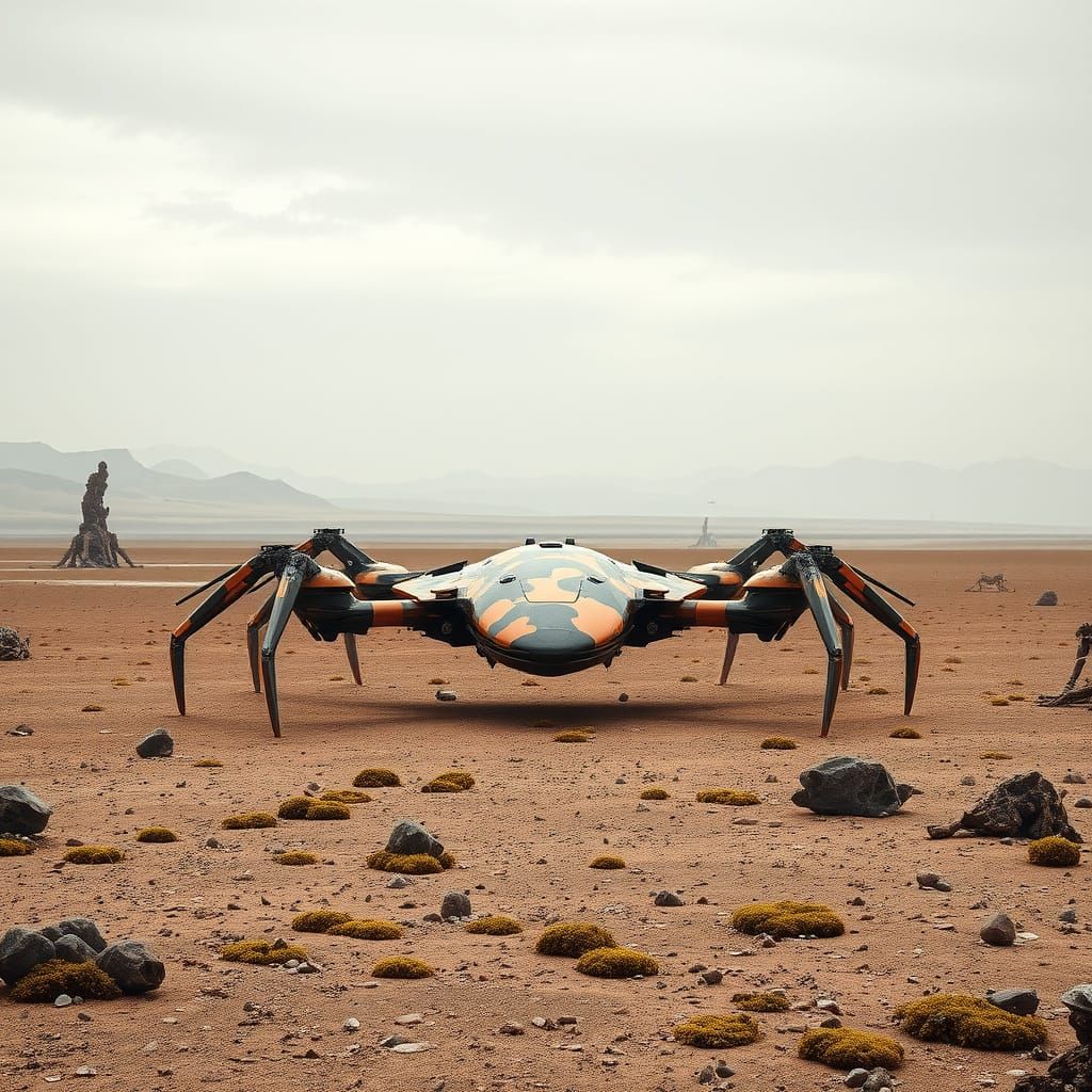 Orange/Black Camo Spaceship on Alien Plain, Moebius Style