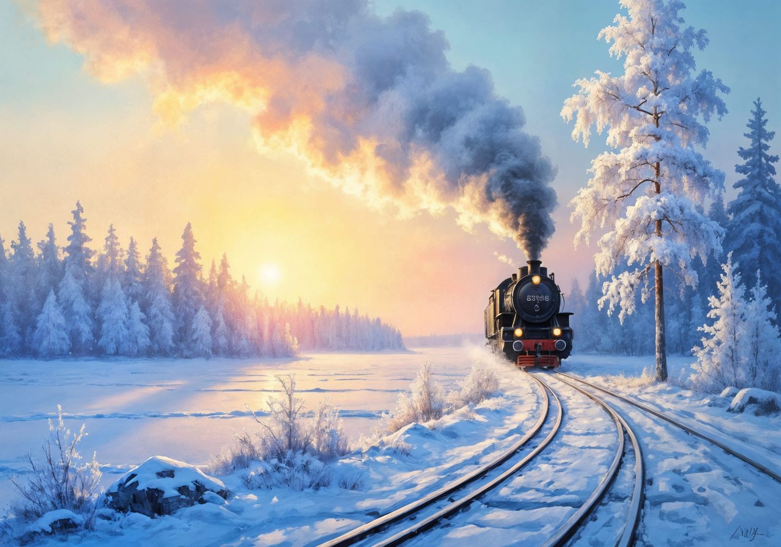 Acrylic Painting of Steam Train in Snowy Finnish Landscape