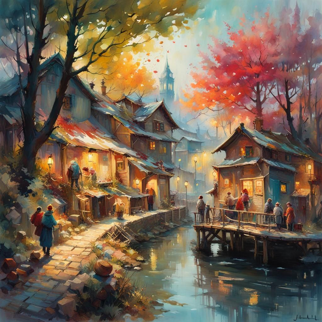 Fantasy Riverside Huts in Watercolour Style