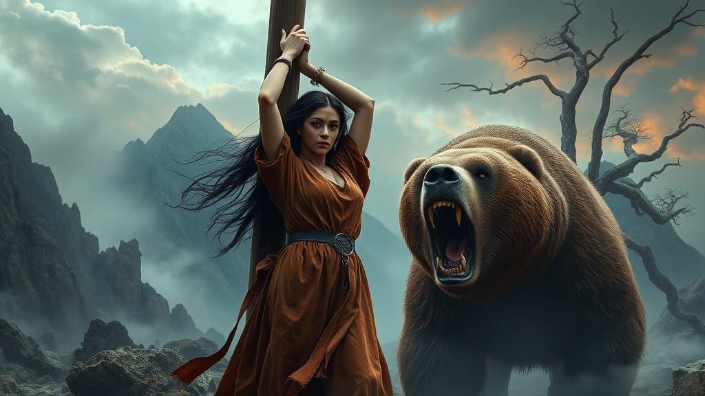 Medieval Maiden Defiant in Face of Menacing Bear