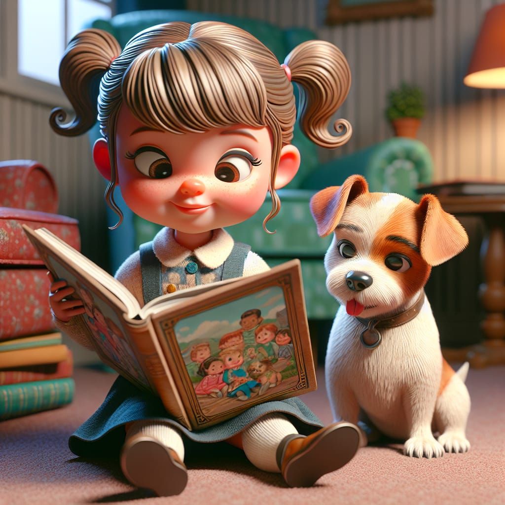 Disney Pixar style 3D adorable little tiny tan skinned girl, hair in pigtails, reading a picture book upside down, her d...