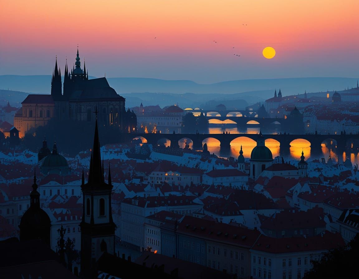 Prague Silhouettes in Warm Evening Light