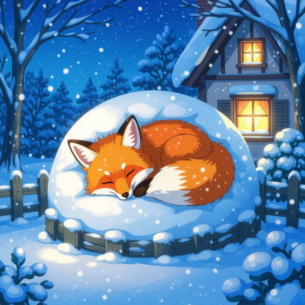 Sleeping Fox in Snowy Anime Landscape