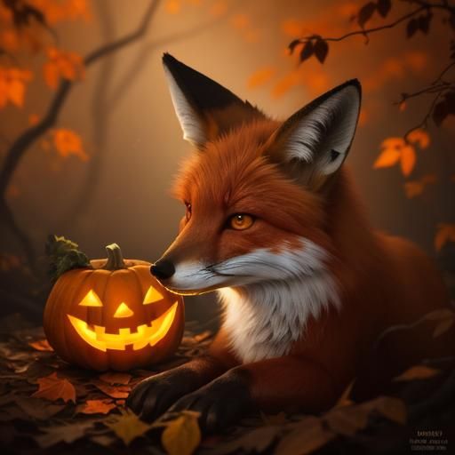 Surreal Fox Encounters Glowing Pumpkin in Autumnal Forest